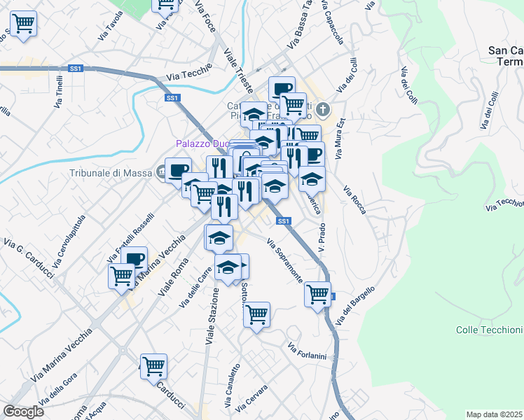 map of restaurants, bars, coffee shops, grocery stores, and more near Galleria Sanzio in Massa