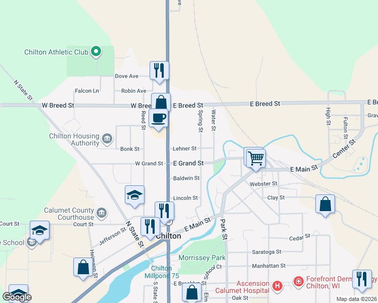 map of restaurants, bars, coffee shops, grocery stores, and more near 49 Lehner Street in Chilton