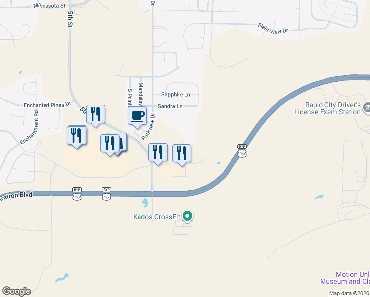 map of restaurants, bars, coffee shops, grocery stores, and more near 5102 Shelby Avenue in Rapid City