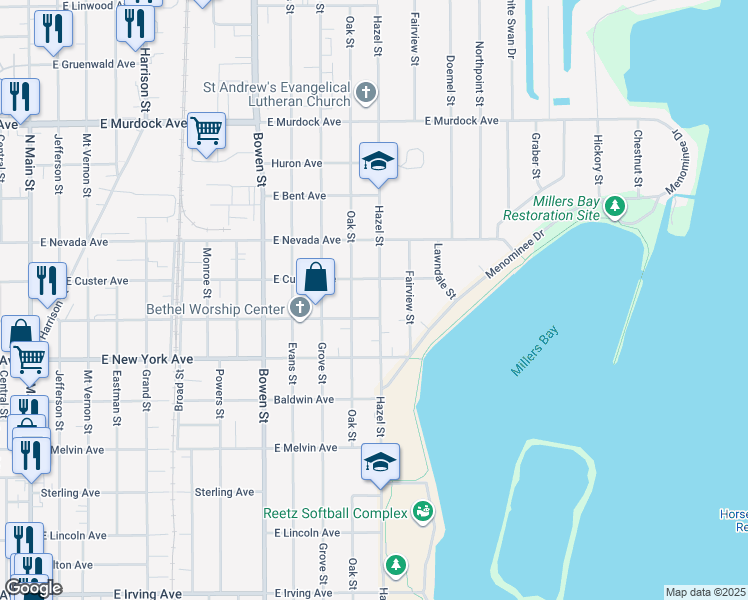 map of restaurants, bars, coffee shops, grocery stores, and more near 1317 Hazel Street in Oshkosh