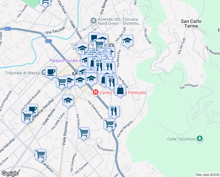 map of restaurants, bars, coffee shops, grocery stores, and more near 5 Piazza Martana in Massa
