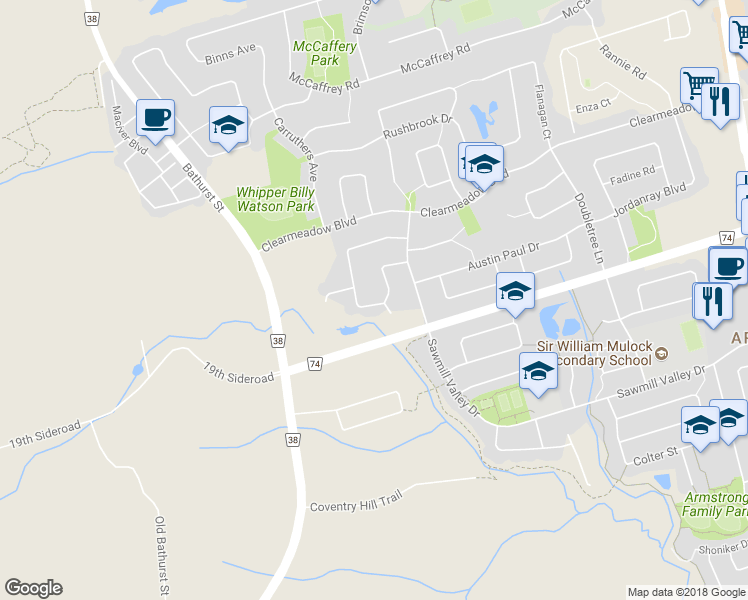 map of restaurants, bars, coffee shops, grocery stores, and more near 430 Hewitt Circle in Newmarket