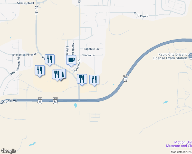 map of restaurants, bars, coffee shops, grocery stores, and more near 5012 Shelby Avenue in Rapid City