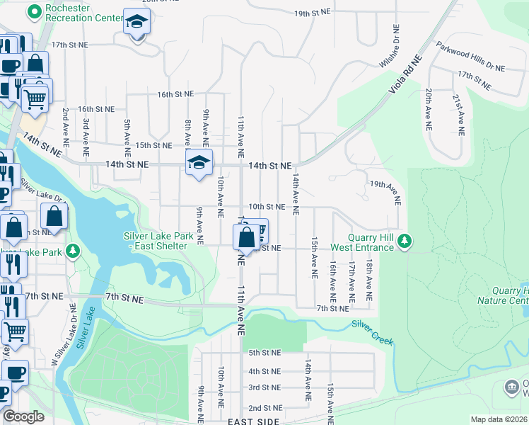 map of restaurants, bars, coffee shops, grocery stores, and more near 952 12th Avenue Northeast in Rochester