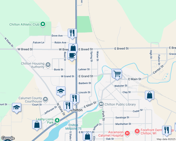 map of restaurants, bars, coffee shops, grocery stores, and more near 49 Lehner Street in Chilton