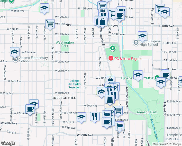 map of restaurants, bars, coffee shops, grocery stores, and more near 2324 Olive Street in Eugene