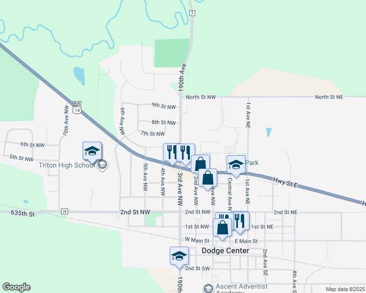 map of restaurants, bars, coffee shops, grocery stores, and more near 512 3rd Avenue Northwest in Dodge Center