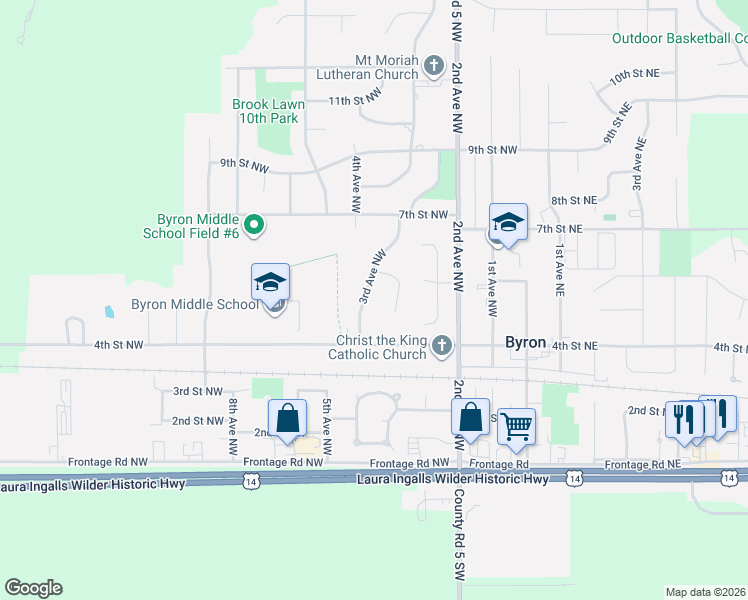 map of restaurants, bars, coffee shops, grocery stores, and more near 512 3rd Avenue Northwest in Byron