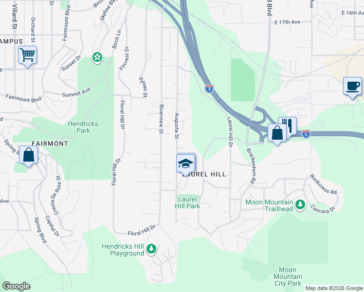 map of restaurants, bars, coffee shops, grocery stores, and more near 2331 Augusta Street in Eugene
