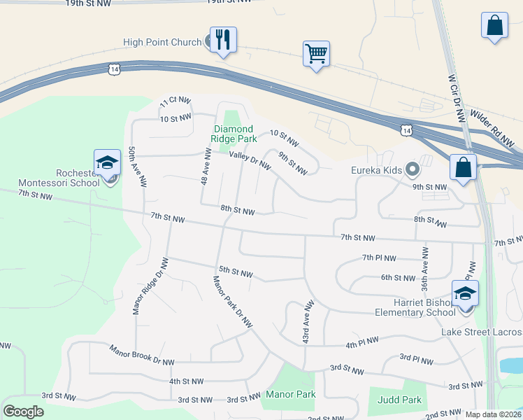 map of restaurants, bars, coffee shops, grocery stores, and more near 4417 8th Street Northwest in Rochester