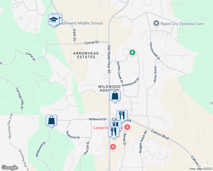 map of restaurants, bars, coffee shops, grocery stores, and more near 7802-9866 Old State Highway 40 in Rapid City