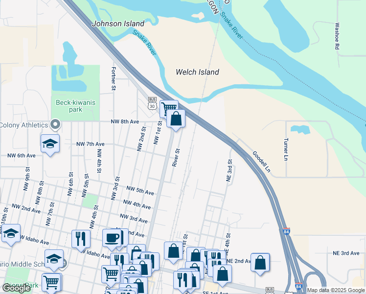 map of restaurants, bars, coffee shops, grocery stores, and more near 734 River St in Ontario