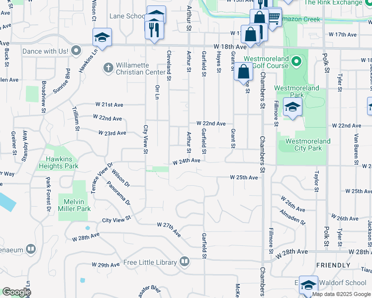 map of restaurants, bars, coffee shops, grocery stores, and more near 2110 West 23rd Avenue in Eugene