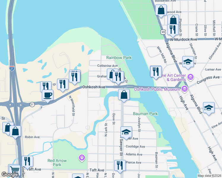 map of restaurants, bars, coffee shops, grocery stores, and more near 1313 Oshkosh Avenue in Oshkosh