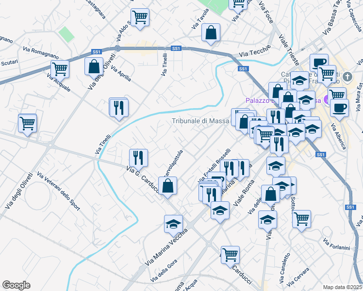 map of restaurants, bars, coffee shops, grocery stores, and more near 83 Via Gasparo Iacopetti in Massa