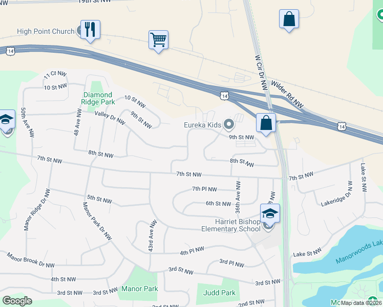 map of restaurants, bars, coffee shops, grocery stores, and more near 776 41st Avenue Northwest in Rochester
