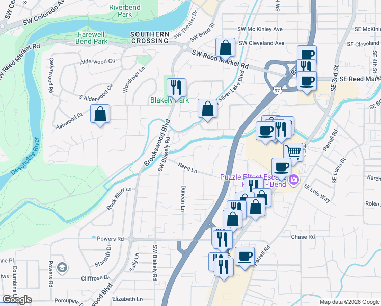 map of restaurants, bars, coffee shops, grocery stores, and more near 20130 Reed Lane in Bend