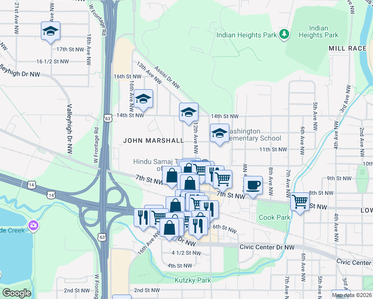 map of restaurants, bars, coffee shops, grocery stores, and more near 1106 13th Avenue Northwest in Rochester