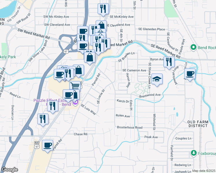 map of restaurants, bars, coffee shops, grocery stores, and more near 61515 Brosterhous Road in Bend