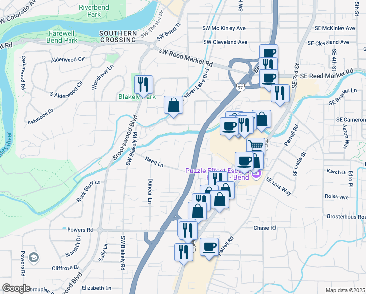 map of restaurants, bars, coffee shops, grocery stores, and more near 20174 Reed Lane in Bend
