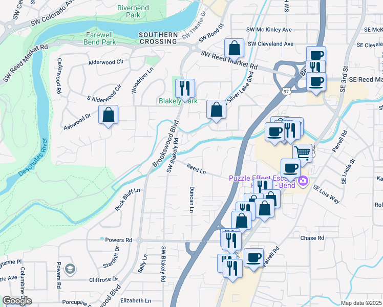 map of restaurants, bars, coffee shops, grocery stores, and more near 20130 Reed Lane in Bend