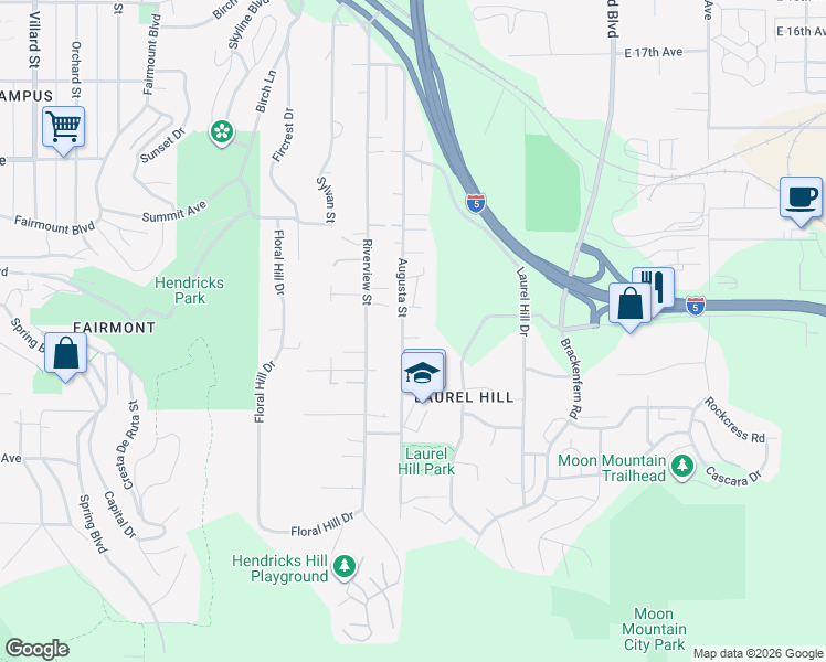 map of restaurants, bars, coffee shops, grocery stores, and more near 2331 Augusta Street in Eugene