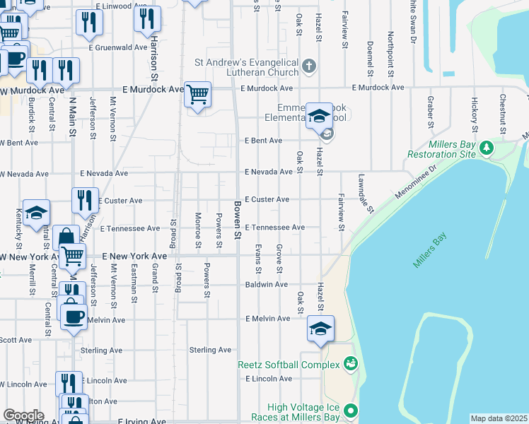 map of restaurants, bars, coffee shops, grocery stores, and more near 1311 Grove Street in Oshkosh