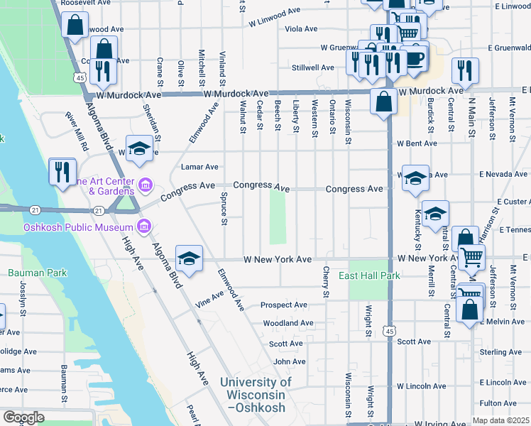 map of restaurants, bars, coffee shops, grocery stores, and more near 1318 Cedar Street in Oshkosh