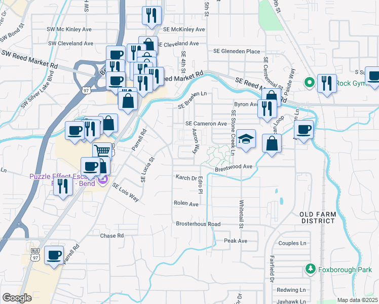 map of restaurants, bars, coffee shops, grocery stores, and more near Del Coco Court in Bend