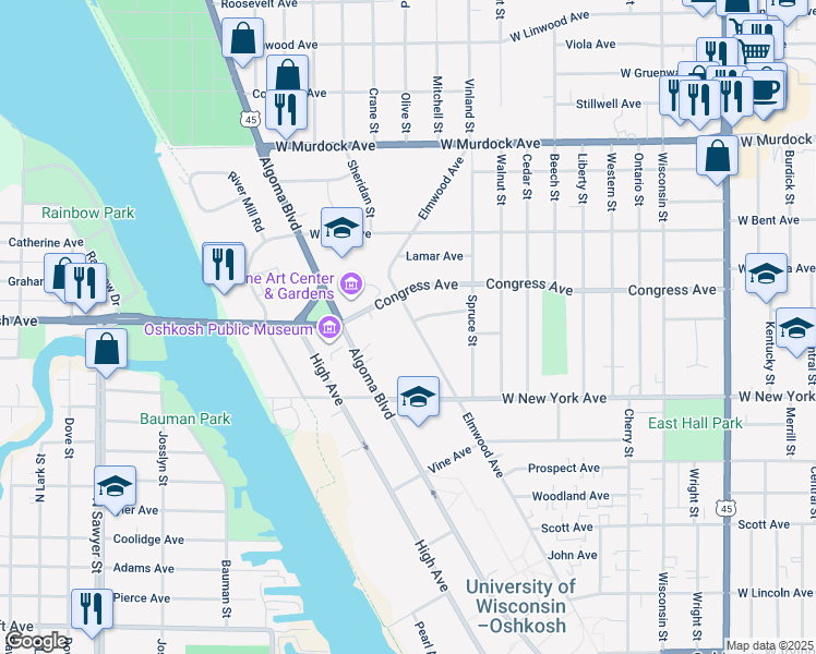 map of restaurants, bars, coffee shops, grocery stores, and more near 1285 Elmwood Avenue in Oshkosh
