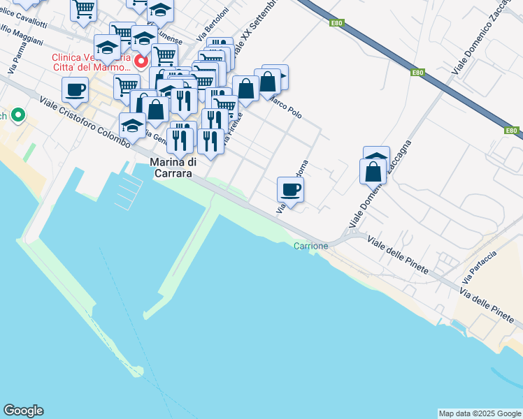 map of restaurants, bars, coffee shops, grocery stores, and more near 3 Viale Giovanni da Verrazzano in Marina di Carrara