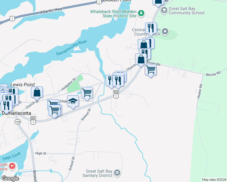 map of restaurants, bars, coffee shops, grocery stores, and more near 422 U.S. 1 Business in Damariscotta