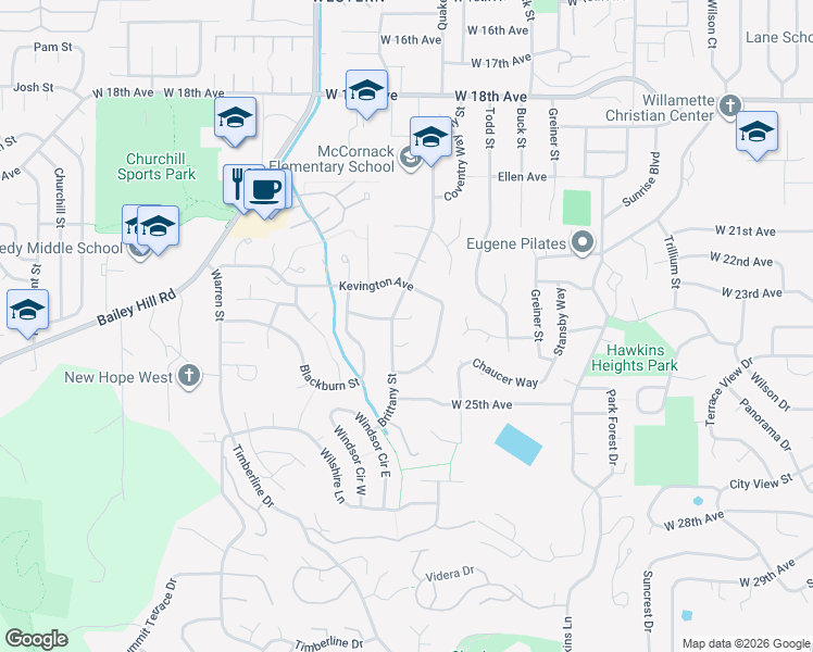map of restaurants, bars, coffee shops, grocery stores, and more near 2247 Brittany Street in Eugene