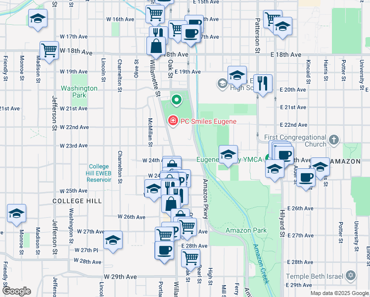 map of restaurants, bars, coffee shops, grocery stores, and more near 52 East 23rd Avenue in Eugene