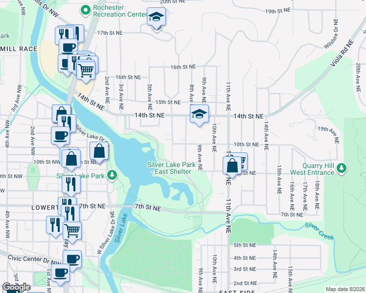map of restaurants, bars, coffee shops, grocery stores, and more near 942 8th Avenue Northeast in Rochester