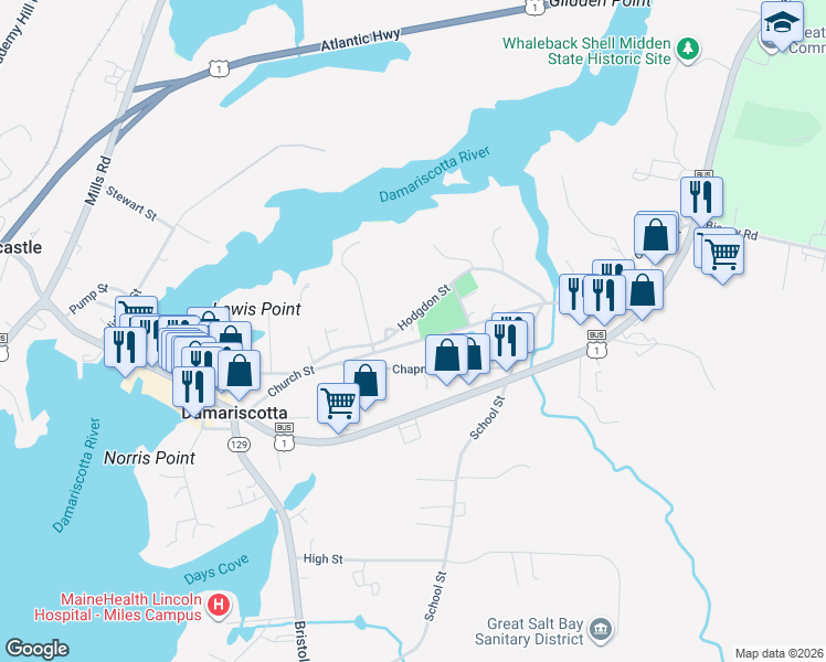 map of restaurants, bars, coffee shops, grocery stores, and more near 85 Church Street in Damariscotta