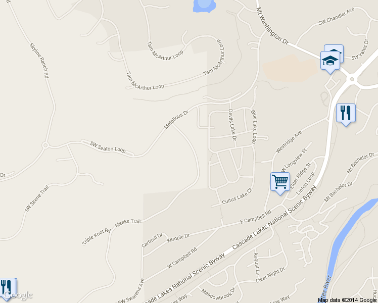 map of restaurants, bars, coffee shops, grocery stores, and more near 61533 Meeks Trail in Bend