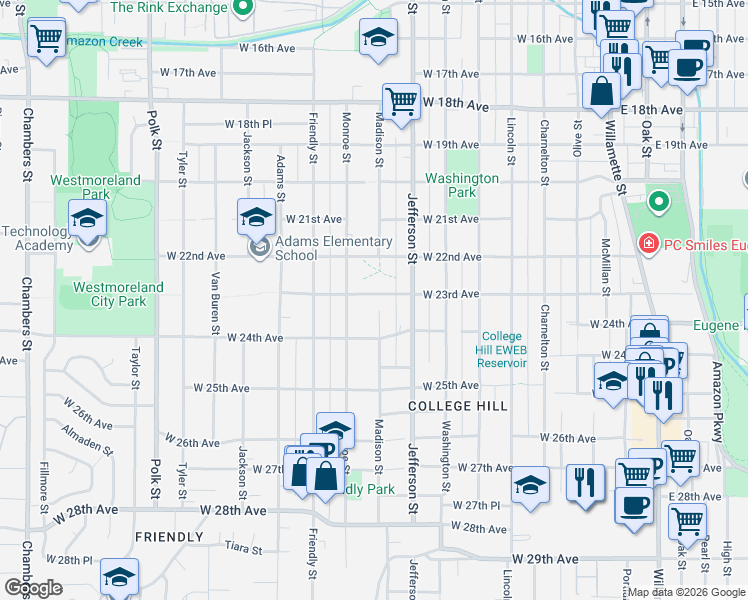 map of restaurants, bars, coffee shops, grocery stores, and more near 2333 Monroe Street in Eugene