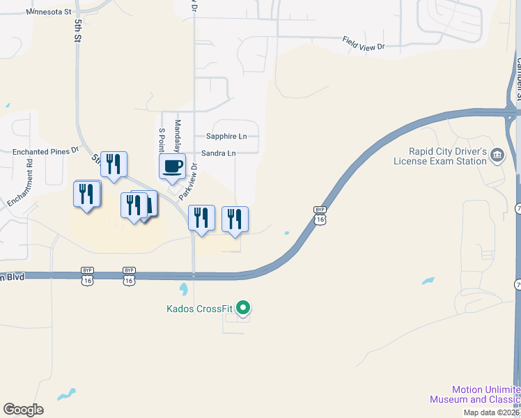 map of restaurants, bars, coffee shops, grocery stores, and more near 5102 Shelby Avenue in Rapid City