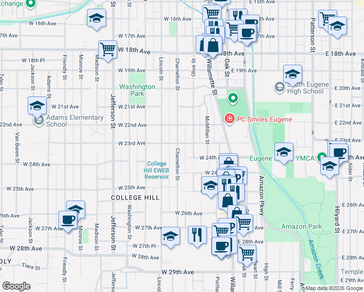 map of restaurants, bars, coffee shops, grocery stores, and more near 180 West 23rd Avenue in Eugene