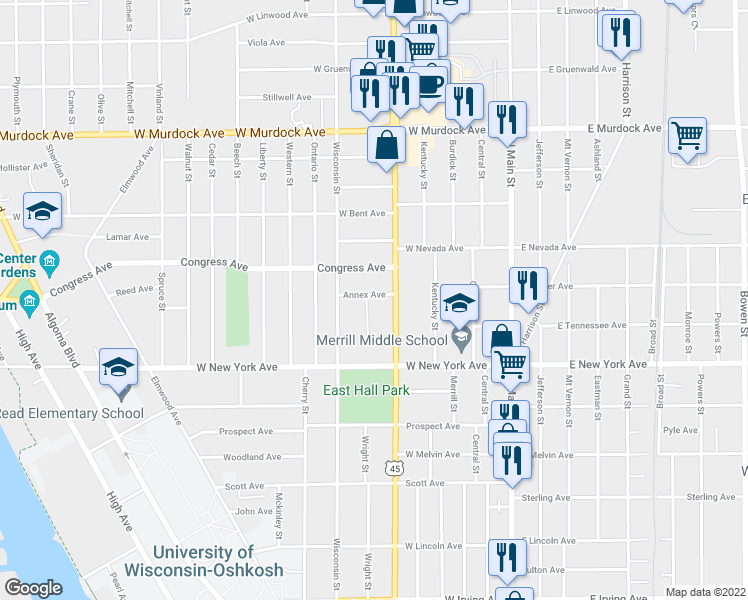 map of restaurants, bars, coffee shops, grocery stores, and more near 419 Annex Avenue in Oshkosh