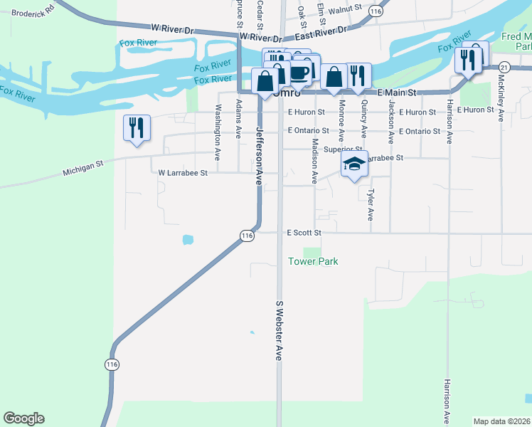 map of restaurants, bars, coffee shops, grocery stores, and more near 723 Jefferson Avenue in Omro