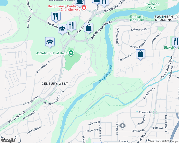 map of restaurants, bars, coffee shops, grocery stores, and more near 19717 Mt Bachelor Dr in Bend