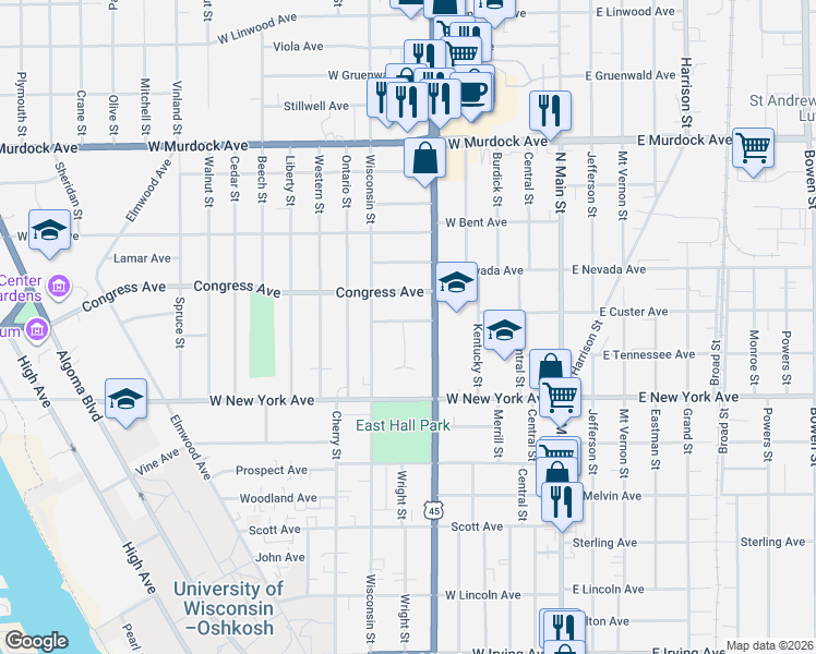map of restaurants, bars, coffee shops, grocery stores, and more near 419 Annex Avenue in Oshkosh