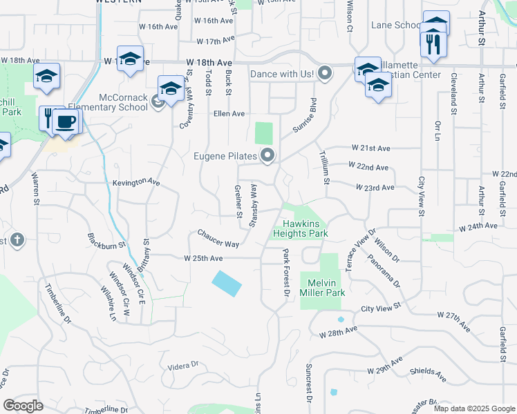 map of restaurants, bars, coffee shops, grocery stores, and more near 2393 Stansby Way in Eugene