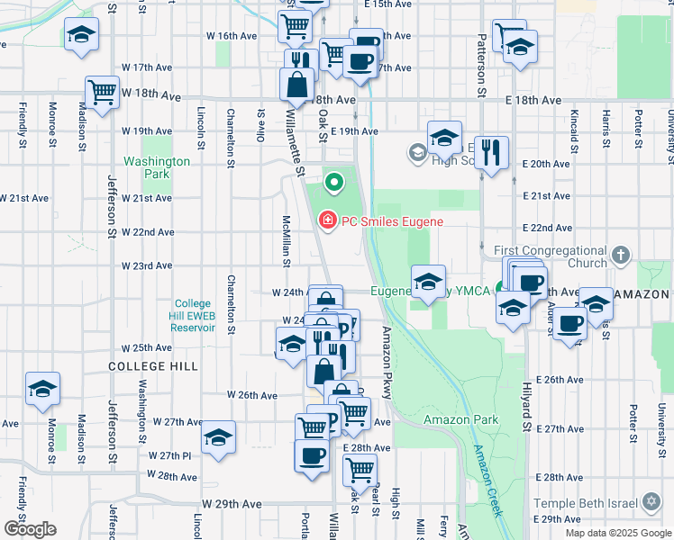 map of restaurants, bars, coffee shops, grocery stores, and more near 52 East 23rd Avenue in Eugene