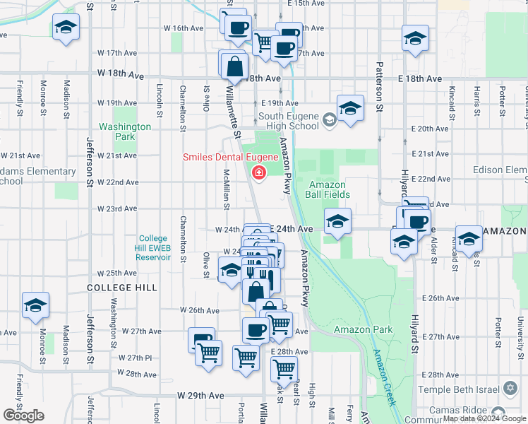 map of restaurants, bars, coffee shops, grocery stores, and more near 52 East 23rd Avenue in Eugene