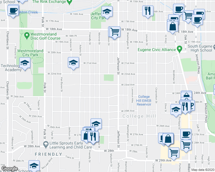 map of restaurants, bars, coffee shops, grocery stores, and more near 2333 Monroe Street in Eugene
