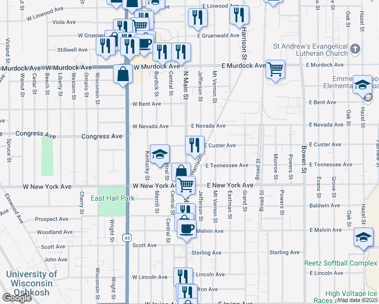 map of restaurants, bars, coffee shops, grocery stores, and more near 1316 North Main Street in Oshkosh