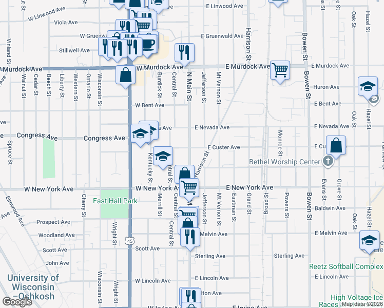map of restaurants, bars, coffee shops, grocery stores, and more near 1316 North Main Street in Oshkosh